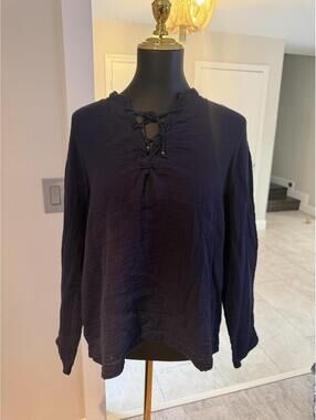 Xirena Navy Long Sleeve Cotton Gauze Lace up Neck top shirt S